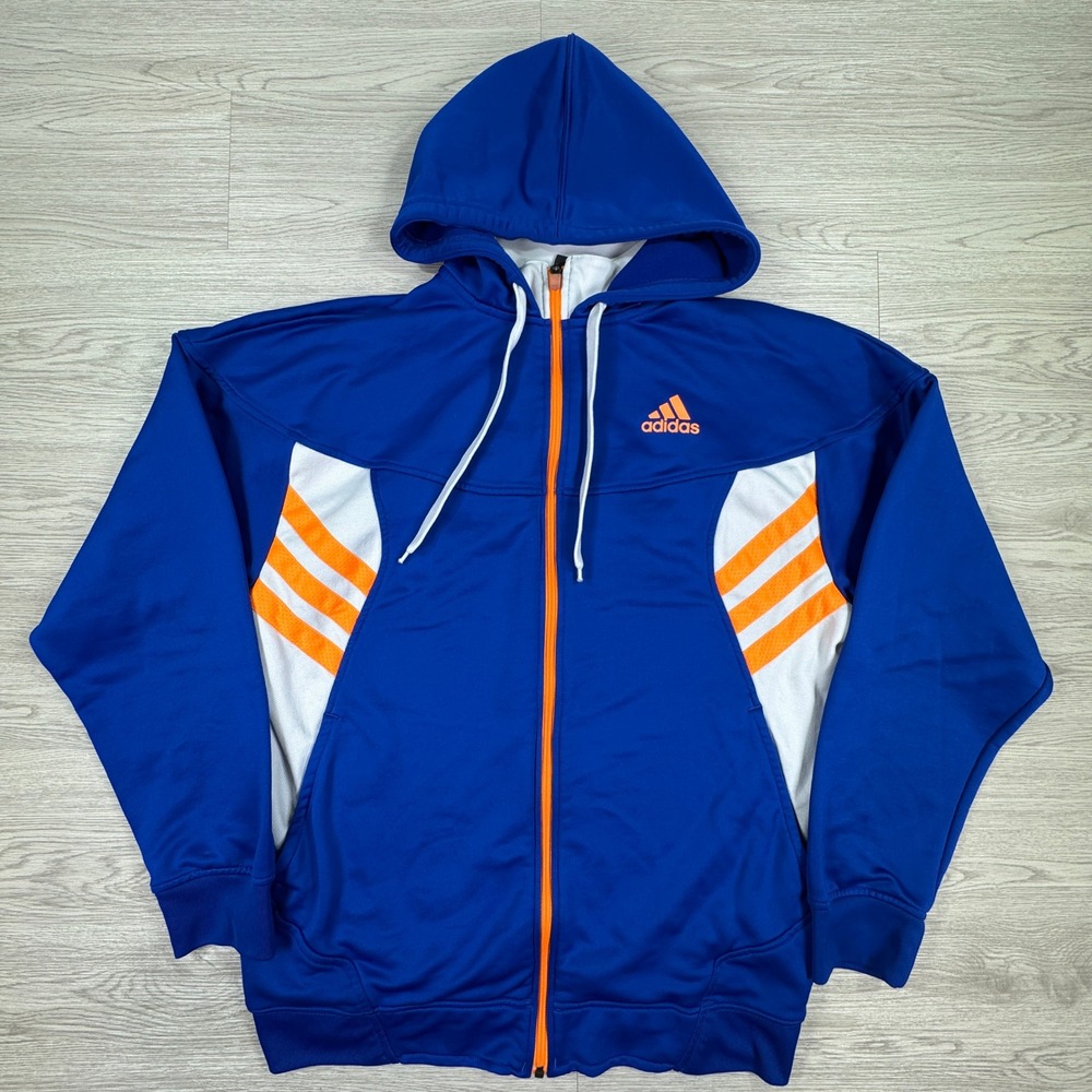 Adidas Mens Hoodie Full Zip‎ Colorblock Blue Orange White Large 3 Stripe Jacket